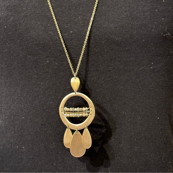 Jade & Jasper Necklace- long gold tone w/ brushed gold beaded pendant teardrop - Picture 3 of 12